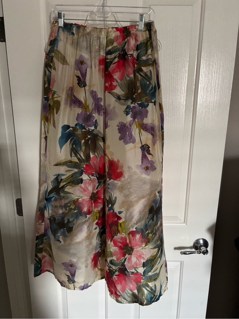 Floral Silk Wide leg Pants in Cream with Pink & Purple Blooms Bryn Walker brand